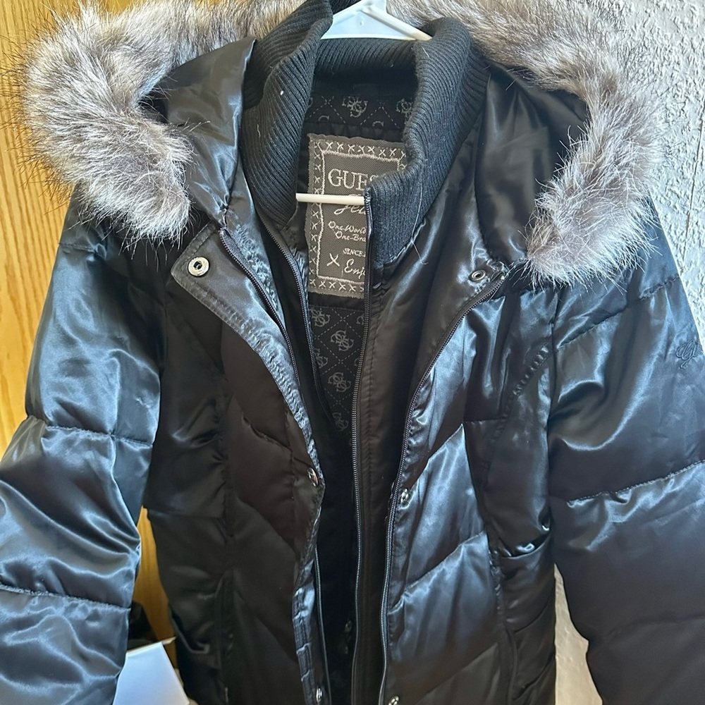 GUESS Black Puffer Jacket with Faux Fur Hood